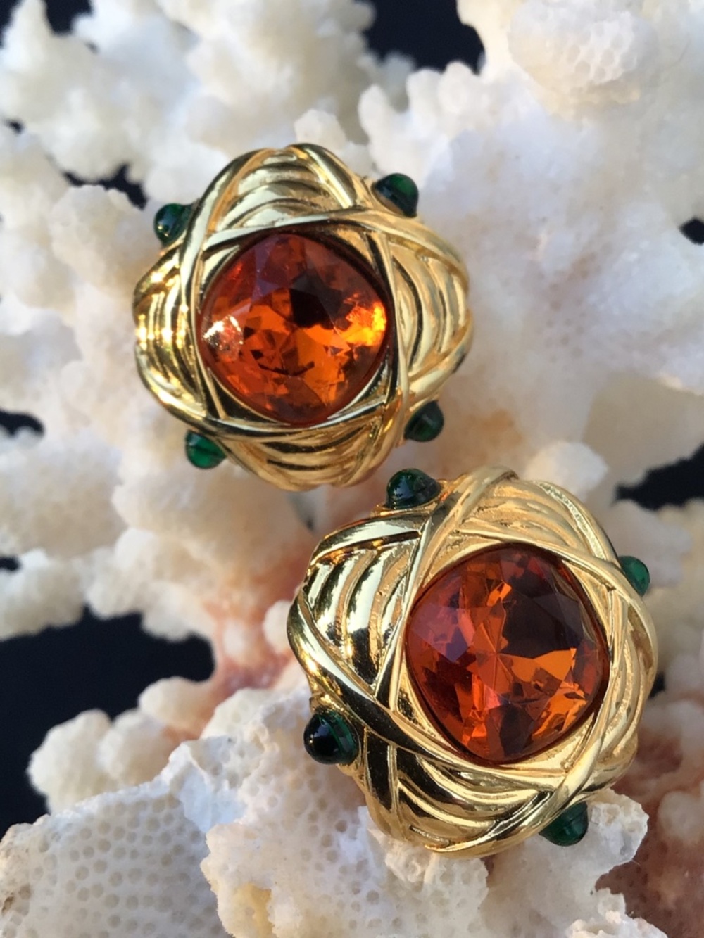 Vintage Nolan Miller Faux Topaz and Green Accents Button Clip On Earrings - Picture 2 of 16